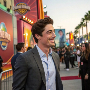 Ben Feldman, a young white man with brown hair and a cheerful smile, stands in a bustling Universal Studios event. He is wearing a suit and shirt. The scene is filled with vibrant banners and smiling people.