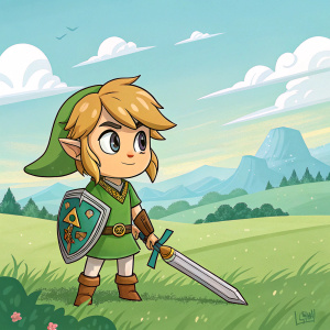 A chibi version of Link from The Legend of Zelda: Breath of the Wild. Wearing green tunic and holding Master Sword. Background: Hyrule Field