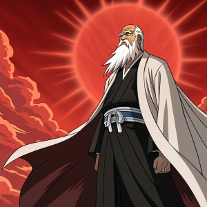 Genryuusai Shigekuni Yamamoto, the stern captain, from Bleach anime. He stands tall, old and wise, with a long white beard. Set against a fiery red background, the illustration highlights his imposing figure and the radiant light surrounding him.