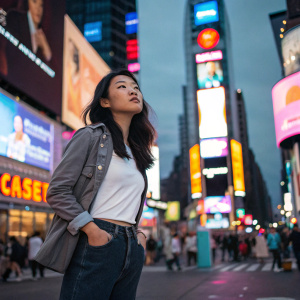 Akiko Chubachi, Asian beauty, in a casual outfit, standing in Times Square amidst neon signs and bustling crowds.
