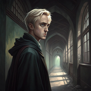 Harry Potter character Draco Malfoy, blonde hair, intense gaze. Wearing dark robes, standing in a deserted hallway, illustration style is dark and moody, with shadowy colors.