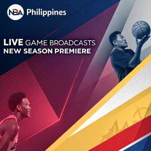 Promotional poster for NBA TV Philippines. Vibrant color palette, geometric shapes, NBA logo prominently featured. Announces live game broadcasts, new season premiere, and channel information.