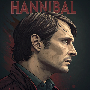 Close-up profile of face from 'Hannibal' TV show. Dark background, bold 'HANNIBAL' text at top.
