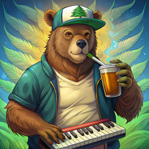 Oso bebiendo cerveza, con un porro de marihuana y un teclado musical, el oso debe estar vestido gorra curva y ropa deportiva
