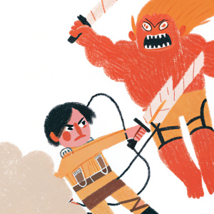 Eren Yeager and Zeke Yeager, characters from Attack on Titan, in a digitally rendered battle scene. Eren with a fierce, determined expression in the foreground, Zeke with menacing features and demonic aura in the background.