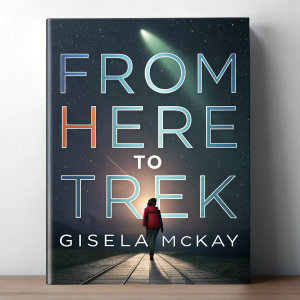 The cover of 'From Here to Trek' by Gisela McKay showcases a bold, futuristic scene with a glowing light source illuminating a dark expanse. The author's name is prominently displayed at the bottom. The design combines digital and photographic elements for a modern, striking look.