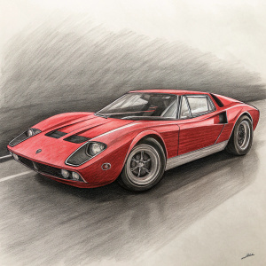 A charcoal drawing of a classic red Lamborghini Miura SV. Detailed sketch showcasing the car's sleek, aerodynamic design.