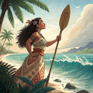 Strong and confident Moana, Polynesian hero, wearing a traditional dress with detailed patterns, holding a wooden paddle. Standing on the shore of a vast ocean, digital artwork.