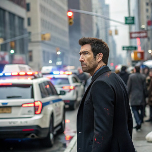 Dylan McDermott in a tense scene from Law and Order: Special Victims Unit. Wearing a dark suit with subtle stains, standing amidst a bustling city street with NYPD and FDNY vehicles.