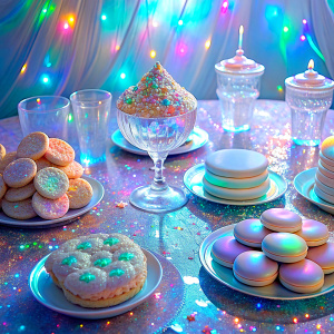
  too much glitter very sparkly crystal effect fantasized glam Sprinkle Tableware Cookies on the table Shimmering light pastel Bioluminescent fairytale masterpiece Magical Holographic  Glossy Bioluminescent iridescence  Shimmering Holographic   Foil Glossy Patent Spandex Vinyl