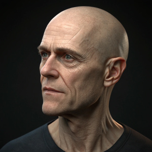 Digital 3D render of Willem Dafoe as Nuidis Vulko. Bald head, neutral expression, three angles, dark background