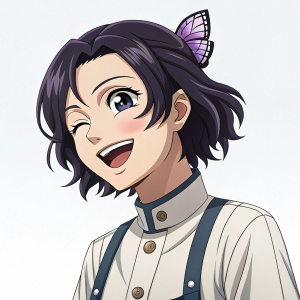 Shinobu from Demon Slayer, anime series. Smiling widely with a playful wink. Clean, solid background.