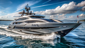 RAVIL logo on a giant heavy duty yacht with jet's engines in the Peugeot style. Yacht in the sea.
