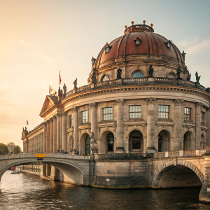 A majestic, historic structure, the Bode Museum, located in Berlin, Germany. Designed by Ernst von Ihne, it features a stone facade with intricate domes, arches, windows, and statues. The building's roof has a warm, reddish-brown hue. It stands over water, connected to land via a bridge-like structure. The scene is illuminated by warm, golden light.