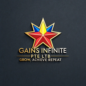 Gains Infinite PTE LTD logo, a vibrant starburst in hues of gold, red, blue, and yellow. Beneath the star, the tagline 'Grow, Achieve, Repeat' is highlighted in a sleek, modern font.