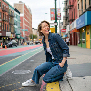 Carrie Coon, in casual attire, poses for a fun candid photo. Vibrant city street background