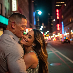 John Cena and Nikki Bella, in a cozy hug. Nikki has long, flowing hair, and John is in a casual shirt. Background: busy city street at night, colorful lights