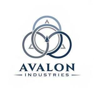 Logo for Avalon Industries, showcasing sleek and minimalist design. Emblem features interlocking circles with sharp lines. Text in modern sans-serif font.