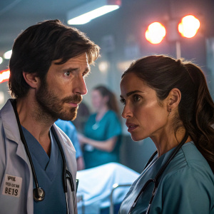Eoin Macken and Daniella Alonso, as Dr. T.C. Callahan and Dr. Landry de la Cruz, in a tense hospital scene. Bright emergency lights contrast with soft ambient lighting.