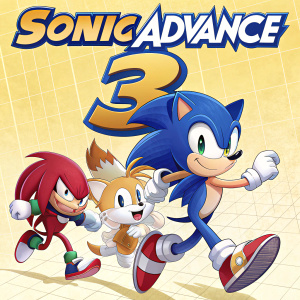 Promotional poster for Sonic Advance 3. Main characters Sonic, Tails, Knuckles, and others in dynamic poses, set against a cheerful yellow grid background. Title 'SONIC ADVANCE 3' displayed prominently at the top.