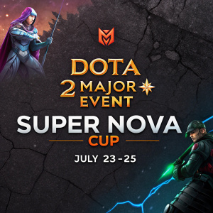 Promotional image for Dota 2 Major Event 'Super Nova Cup'. Dark, cracked background. Twitch stream dates: July 23-25.