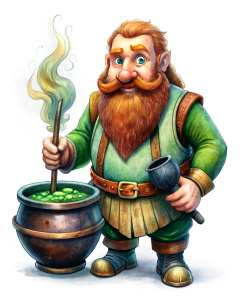 rum nice game dwarf, illustration, druid with a cauldron, vintage cartoon effect, white background