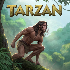 Tarzan, crouching in the jungle. Long, flowing hair. Muscular body. Dramatic pose. 'Tarzan' written in bold letters above him.