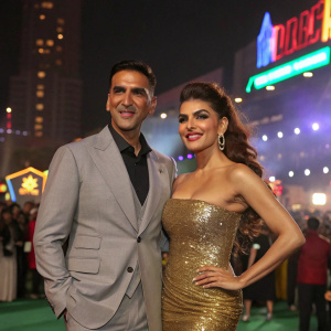 Akshay Kumar and Jacqueline Fernandez at the Housefull 3 premiere. Akshay in a grey suit, Jacqueline in a gold sequined dress. Vibrant outdoor event setting with crowd and lights