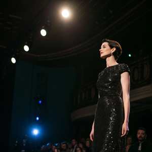 Anne Hathaway, elegant in a black sequined dress, standing alone on a dimly lit stage at a film festival.
