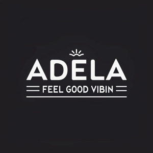ADELA logo, sleek design with 'Feel good vibin' slogan. Digital graphic, white text on black background.