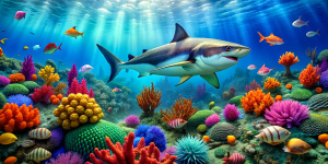 Underwater world with colorful fish and a big shark beautiful corals and various other underwater things, high quality, 8k, realistic elements