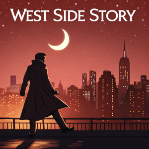 Film poster for 'West Side Story'. Dark and elongated figure standing dramatically against a city skyline. Warm colors, predominantly red, with a crescent moon overhead.