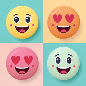A set of vibrant emoticons in a pastel color palette. Featuring smiley faces, heart eyes, and a surprised expression. Simple shapes, bold outlines.