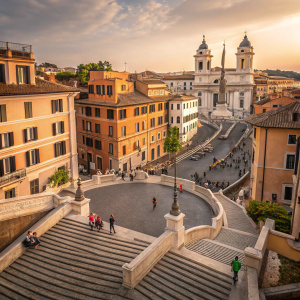 From above, the bustling Spanish Steps in Rome, Italy, captured in a warm color palette. Earth tones and soft pastels dominate the scene. The steps are lined with ornate European architecture of varying heights and styles, showcasing intricate facades and detailing.