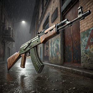 Digital 3D model of an AK-47 assault rifle, painted in camouflage pattern. Dark and rainy alley background.