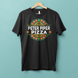 Peter Piper Pizza t-shirt, featuring colorful logo and text in Spanish and English. Design includes casual black crew neck and short-sleeved style. Teal background setting off the shirt design prominently.