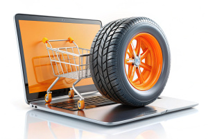 minimalistic 3d glassmorphism tires illustration, buying spare parts, wheels, laptop shopping cart interface concept on white background 3d rendering illustration