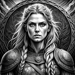 shieldmaiden perfect realistic art, high-definition, high-definition grey and black, white background 