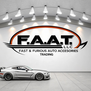 Promotional advertisement for F.A.A.T. LLC. Fast & Furious Auto Accessories Trading features a logo with sleek, angular design. Futuristic look, bold sans-serif font. Series of evenly spaced lights around perimeter.