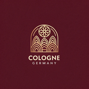 A modern logo design for Cologne, Germany. Rich maroon background, golden abstract design, 'COLOGNE GERMANY' in a classic, bold font.