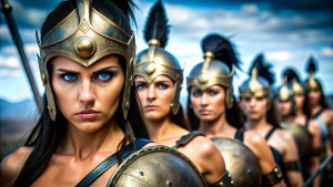 imagen completa desde una toma lejana de Thalia: mujer guerrera espartana, con sus mujeres guerreras espartanas, Foto realista, RealVisXl, cuerpo completo, ojos azules, pelo negro, con casco en su cabeza y capa roja, Hiperrealista, 4k, perfección en el rostro , rasgos faciales griegos, musculoso, fuerte, fondo tormentoso.