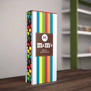 Modern and vibrant packaging design for M&M's milk chocolate. Rectangular box with multicolored stripes in red, yellow, green, and blue. White M&M's logo prominently displayed.