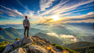 A person standing on a mountaintop, looking out at a vast landscape, with a clear vision of their purpose.