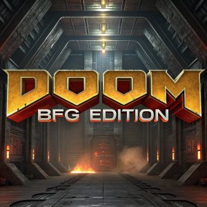 Game cover for 'Doom 3 BFG Edition'. Imposing 'DOOM' title in metallic, industrial-themed style. Geometric shapes, dark tones, warm accents, bold text, rating and additional text elements visible.