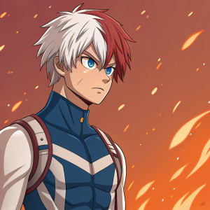 Digital artwork of Shoto Todoroki, My Hero Academia character. Determined expression, white and red hair, blue eyes, toned and muscular. Fiery orange background with flame-like particles. Anime-inspired with bold lines and vibrant colors.