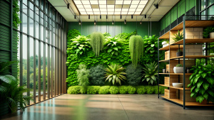 Green living wall with perennial plants in modern office. Urban gardening landscaping interior design. Fresh green vertical plant wall inside office