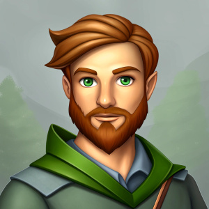 full body 25 year old hunter  with beard similar to Robin Hood using Anna Lang's illustration style