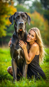 perro RAZA GRAN DANES COLOR NEGRO PROTEGIENDO A HERMOSA MUJER