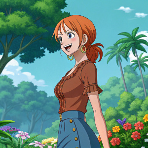 Nami from One Piece, smiling with red hair, in a brown blouse and blue skirt, standing in a vibrant, tropical setting.