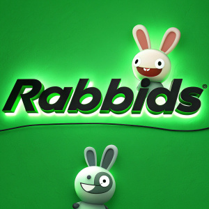 The official Rabbids logo, set against a neon green background with sleek black text.